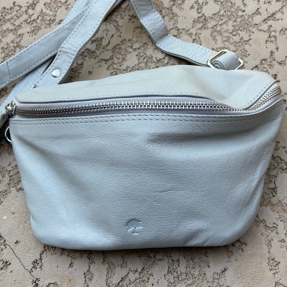 Super chic Prato crossbody purse in light gray.